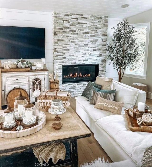 living area featuring wood finished floors and a fireplace