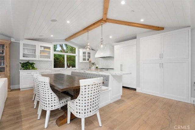 66 S La Senda Dr, Laguna Beach, CA 92651 - dining room featuring light wood-type flooring, recessed lighting, and vaulted ceiling with beams