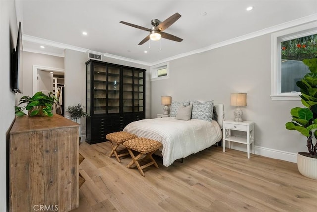 66 S La Senda Dr, Laguna Beach, CA 92651 - bedroom featuring baseboards, ornamental molding, light wood finished floors, and recessed lighting