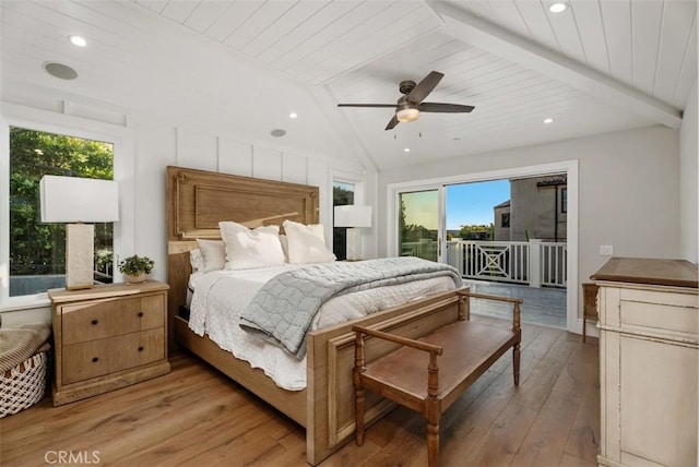 66 S La Senda Dr, Laguna Beach, CA 92651 - bedroom featuring access to outside, multiple windows, vaulted ceiling with beams, and hardwood / wood-style floors