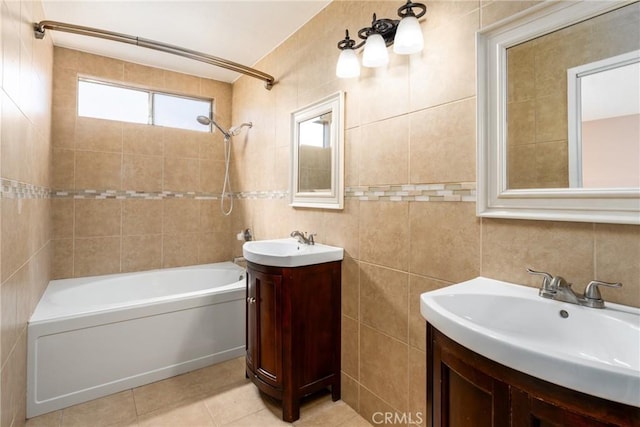 1076 N Ironwood Ave, Rialto, CA 92376 - full bathroom featuring  shower combination, a sink, tile walls, and two vanities