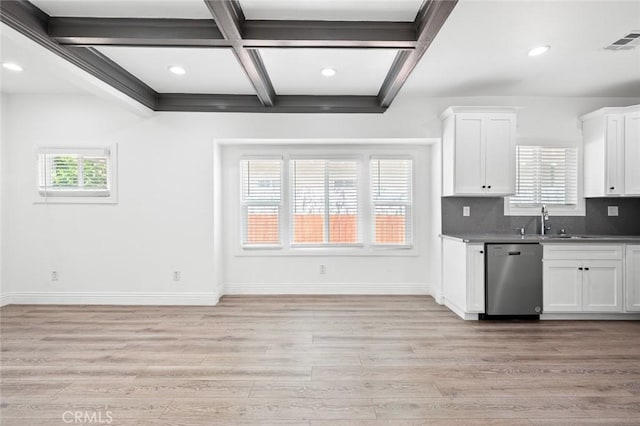 kitchen with a sink, light wood-style flooring, visible vents, and dishwasher