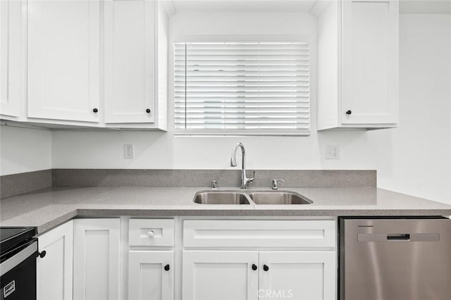 kitchen featuring white cabinetry, a sink, stainless steel dishwasher, and electric range oven