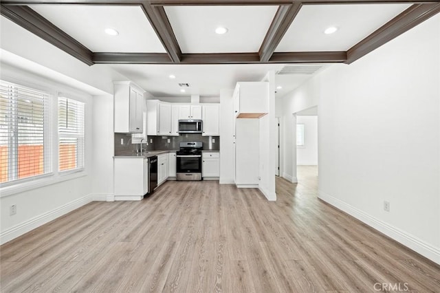 kitchen with baseboards, white cabinets, stainless steel appliances, and light wood-style floors