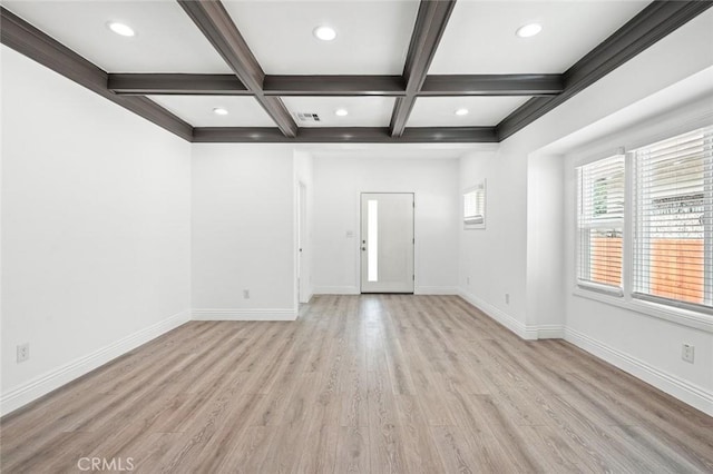 interior space with coffered ceiling, baseboards, beamed ceiling, visible vents, and light wood-style flooring