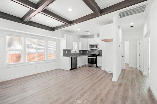 kitchen featuring coffered ceiling, a sink, light wood-style flooring, stainless steel appliances, and visible vents