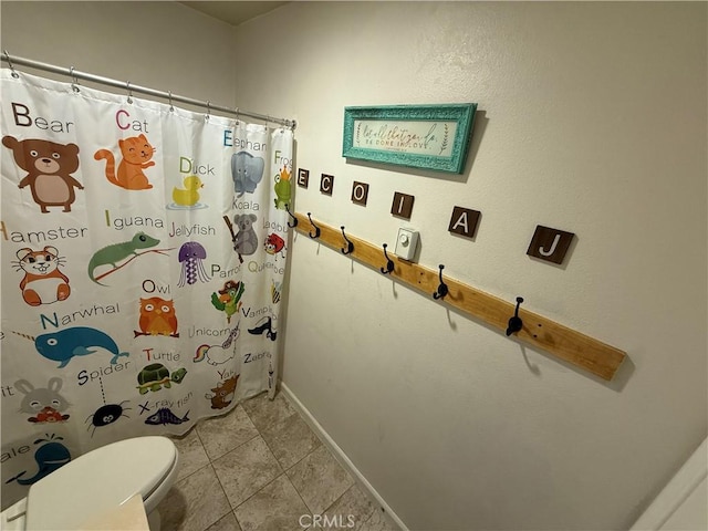 30130 Pine Needle Rd, Menifee, CA 92585 - bathroom with toilet, baseboards, a shower with curtain, and tile patterned flooring