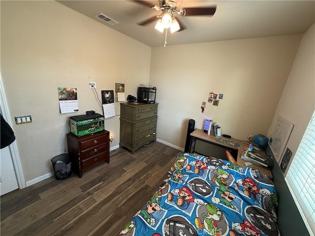 30130 Pine Needle Rd, Menifee, CA 92585 - bedroom featuring dark wood finished floors, baseboards, and ceiling fan