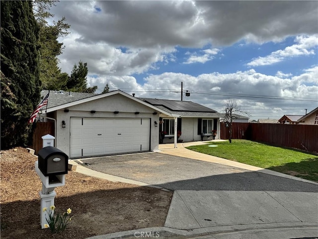 40451 Rome Beauty Way, Cherry Valley, CA 92223 - ranch-style home featuring an attached garage, asphalt driveway, solar panels, and stucco siding