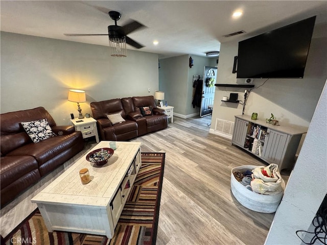 40451 Rome Beauty Way, Cherry Valley, CA 92223 - living room featuring a ceiling fan, light wood finished floors, baseboards, and recessed lighting