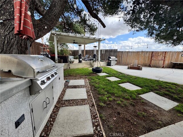40451 Rome Beauty Way, Cherry Valley, CA 92223 - fenced backyard featuring a patio and exterior kitchen