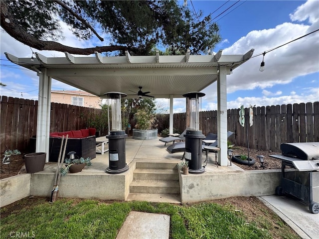 40451 Rome Beauty Way, Cherry Valley, CA 92223 - fenced backyard featuring ceiling fan, a patio, and a grill