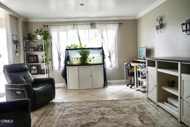 interior space with baseboards, ornamental molding, and light tile patterned floors