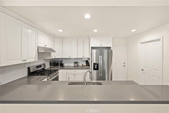 5402 Peck Rd, El Monte, CA 91732 - kitchen with appliances with stainless steel finishes, under cabinet range hood, dark countertops, white cabinetry, and tasteful backsplash