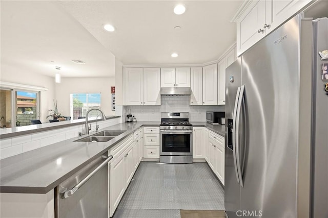 5402 Peck Rd, El Monte, CA 91732 - kitchen featuring stainless steel appliances, backsplash, a peninsula, white cabinets, and recessed lighting