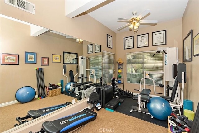 exercise room featuring ceiling fan and carpet floors