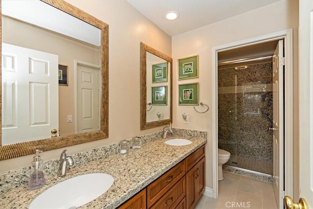full bathroom with toilet, a stall shower, tile patterned flooring, double vanity, and recessed lighting