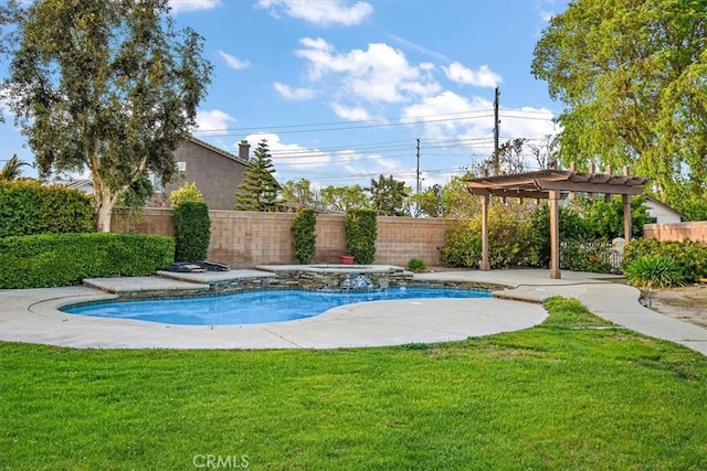 view of swimming pool with a pergola and a pool with connected hot tub