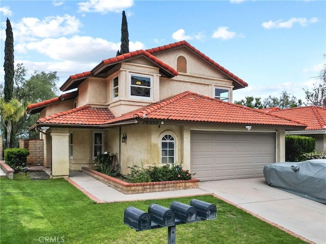 mediterranean / spanish-style house featuring a tiled roof, concrete driveway, a garage, a front yard, and stucco siding