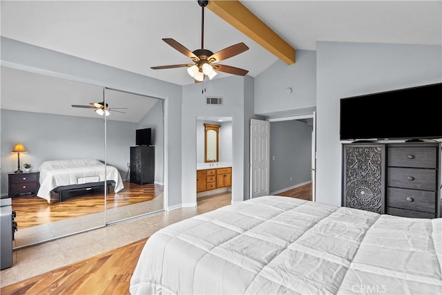 bedroom featuring lofted ceiling with beams, ceiling fan, tile patterned flooring, and visible vents