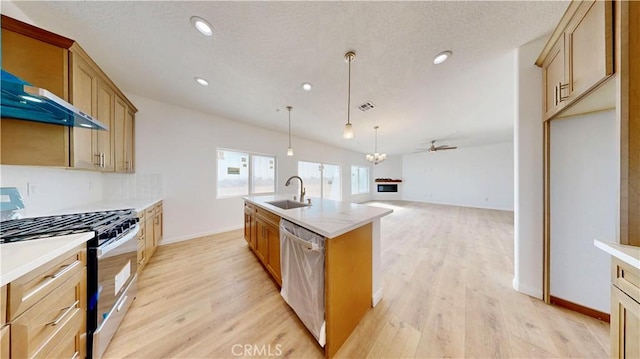 kitchen with light wood finished floors, stainless steel dishwasher, a sink, range with gas stovetop, and a ceiling fan