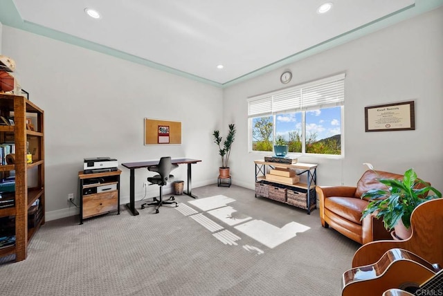 carpeted office space featuring recessed lighting and baseboards