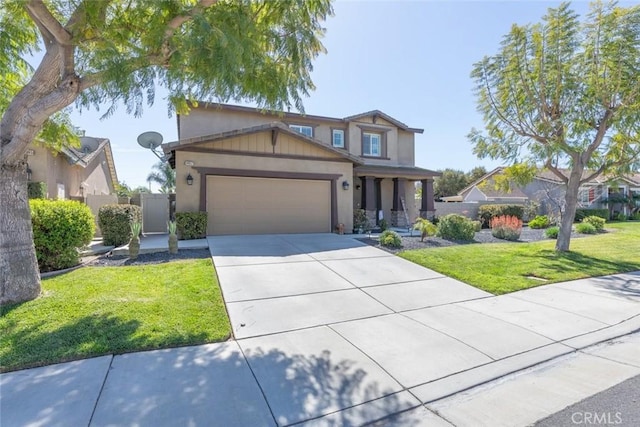 14917 Landerwood Dr, Eastvale, CA 92880 - view of front facade with an attached garage, driveway, stucco siding, and covered porch