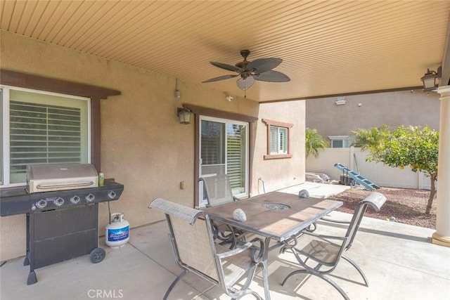 14917 Landerwood Dr, Eastvale, CA 92880 - view of patio featuring outdoor dining area, a ceiling fan, a grill, and fence