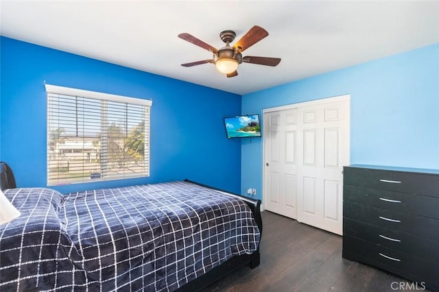 14917 Landerwood Dr, Eastvale, CA 92880 - bedroom featuring wood finished floors, a closet, and a ceiling fan