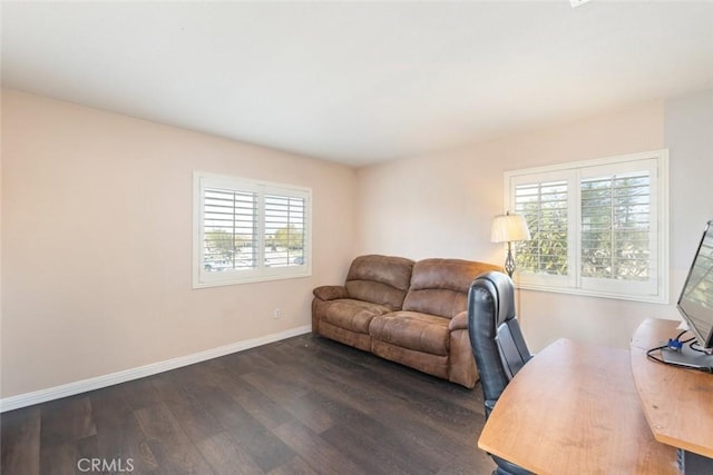 14917 Landerwood Dr, Eastvale, CA 92880 - living room with dark wood-style flooring, plenty of natural light, baseboards, and an office area