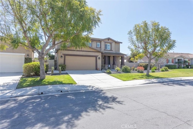 14917 Landerwood Dr, Eastvale, CA 92880 - traditional-style home with concrete driveway, stucco siding, a front lawn, and a garage