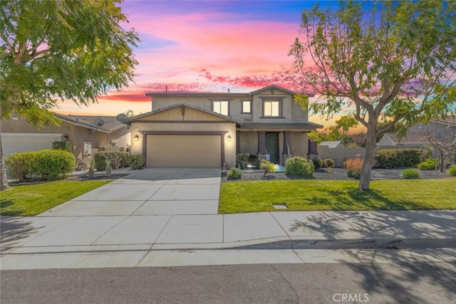14917 Landerwood Dr, Eastvale, CA 92880 - traditional-style house with an attached garage, a lawn, driveway, and stucco siding