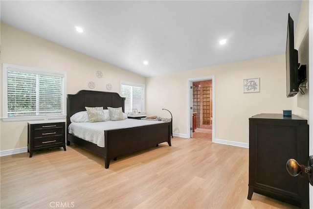 bedroom with recessed lighting, light wood finished floors, multiple windows, and baseboards