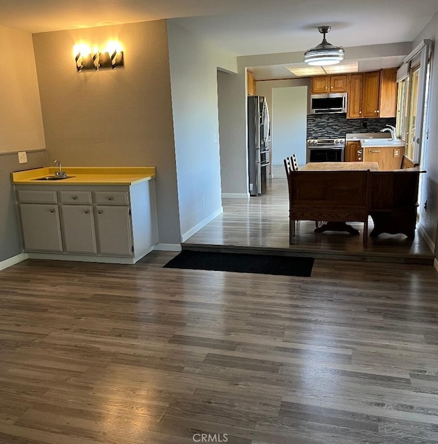 kitchen featuring dark wood-style flooring, a sink, stainless steel appliances, and decorative backsplash