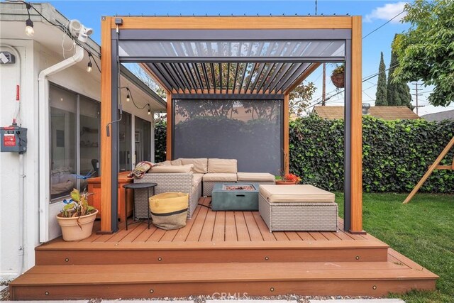 2410 Exposition Pl, Los Angeles, CA 90018 - wooden deck featuring an outdoor hangout area and a yard