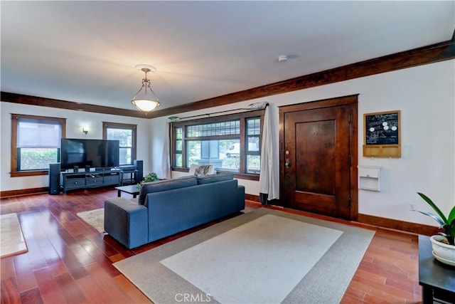living room featuring baseboards and dark wood-type flooring