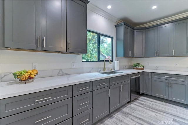kitchen with gray cabinets and stainless steel dishwasher