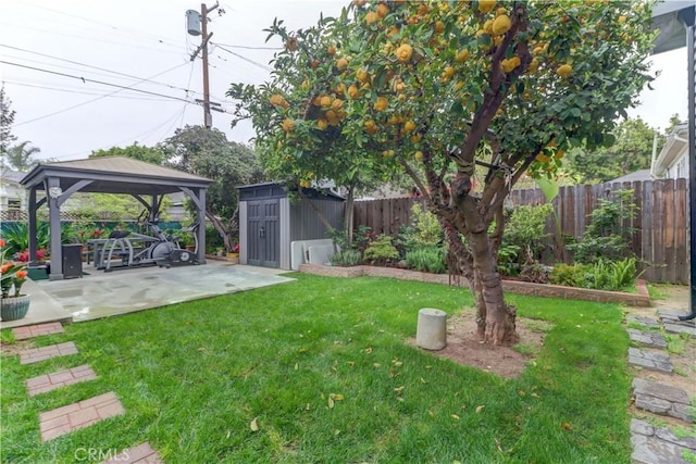 view of yard featuring a gazebo, an outdoor structure, a storage shed, a fenced backyard, and a patio