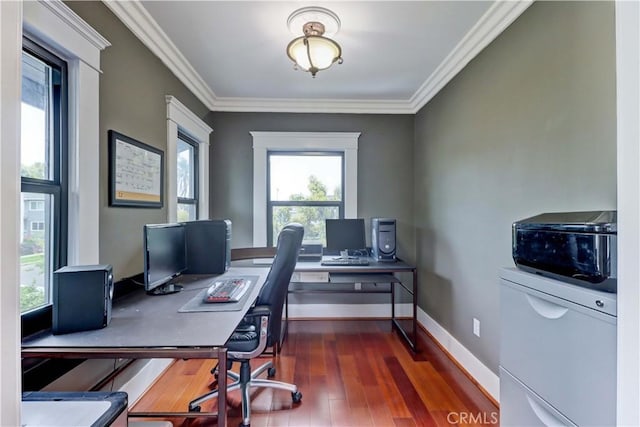 office featuring baseboards, ornamental molding, wood finished floors, and a wealth of natural light