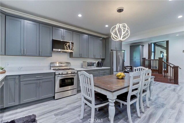 223 N St Andrews Pl, Los Angeles, CA 90004 - kitchen with appliances with stainless steel finishes, ornamental molding, a chandelier, light wood-type flooring, and decorative light fixtures