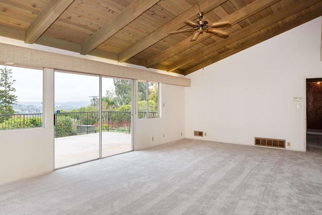 557 Canyon Dr, Solana Beach, CA 92075 - unfurnished living room with wood ceiling, carpet, beamed ceiling, ceiling fan, and high vaulted ceiling