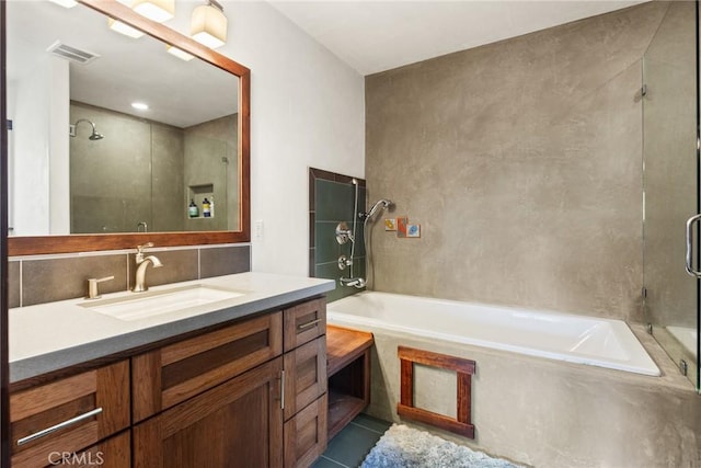 12352 Centerville Rd, Chico, CA 95928 - bathroom with a shower with shower door, a bath, vanity, and decorative backsplash
