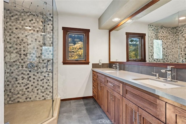 12352 Centerville Rd, Chico, CA 95928 - full bath with a stall shower, double vanity, and tile patterned flooring