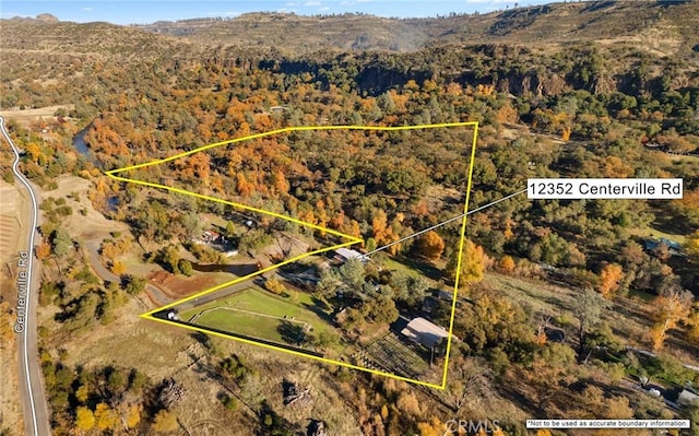 12352 Centerville Rd, Chico, CA 95928 - aerial overview of property's location with property boundaries highlighted and a mountainous background