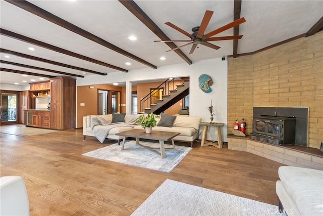 12352 Centerville Rd, Chico, CA 95928 - living area featuring stairs, beam ceiling, ceiling fan, wood finished floors, and recessed lighting