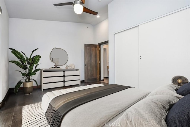 2447 Stonyvale Rd, Tujunga, CA 91042 - bedroom with wood finished floors, a closet, ceiling fan, recessed lighting, and a towering ceiling
