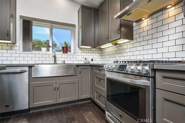 2447 Stonyvale Rd, Tujunga, CA 91042 - kitchen featuring stainless steel appliances, gray cabinets, extractor fan, dark wood finished floors, and backsplash