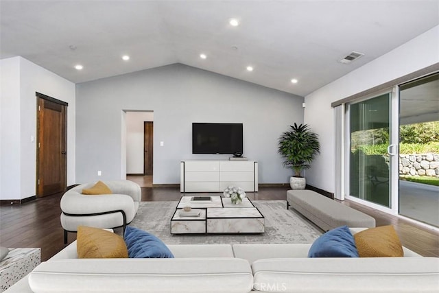 2447 Stonyvale Rd, Tujunga, CA 91042 - living area featuring wood finished floors, lofted ceiling, and recessed lighting