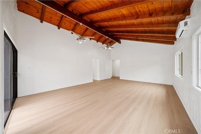 unfurnished room featuring ceiling fan, lofted ceiling with beams, a wall unit AC, wooden ceiling, and light wood finished floors
