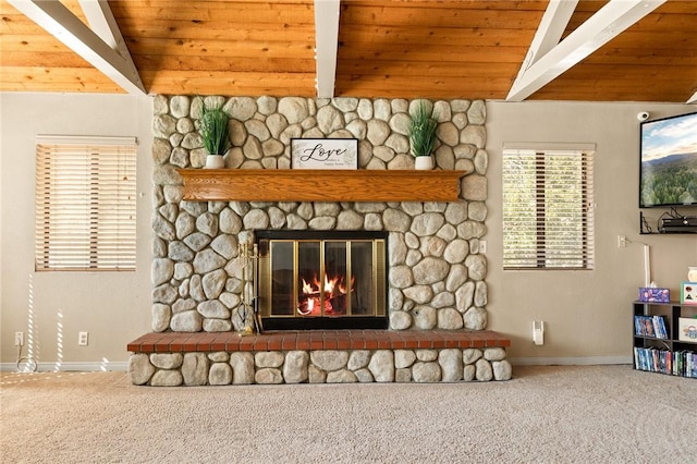 27596 N Bay Rd, Lake Arrowhead, CA 92352 - detailed view of carpet floors, baseboards, wooden ceiling with exposed beams, and a stone fireplace